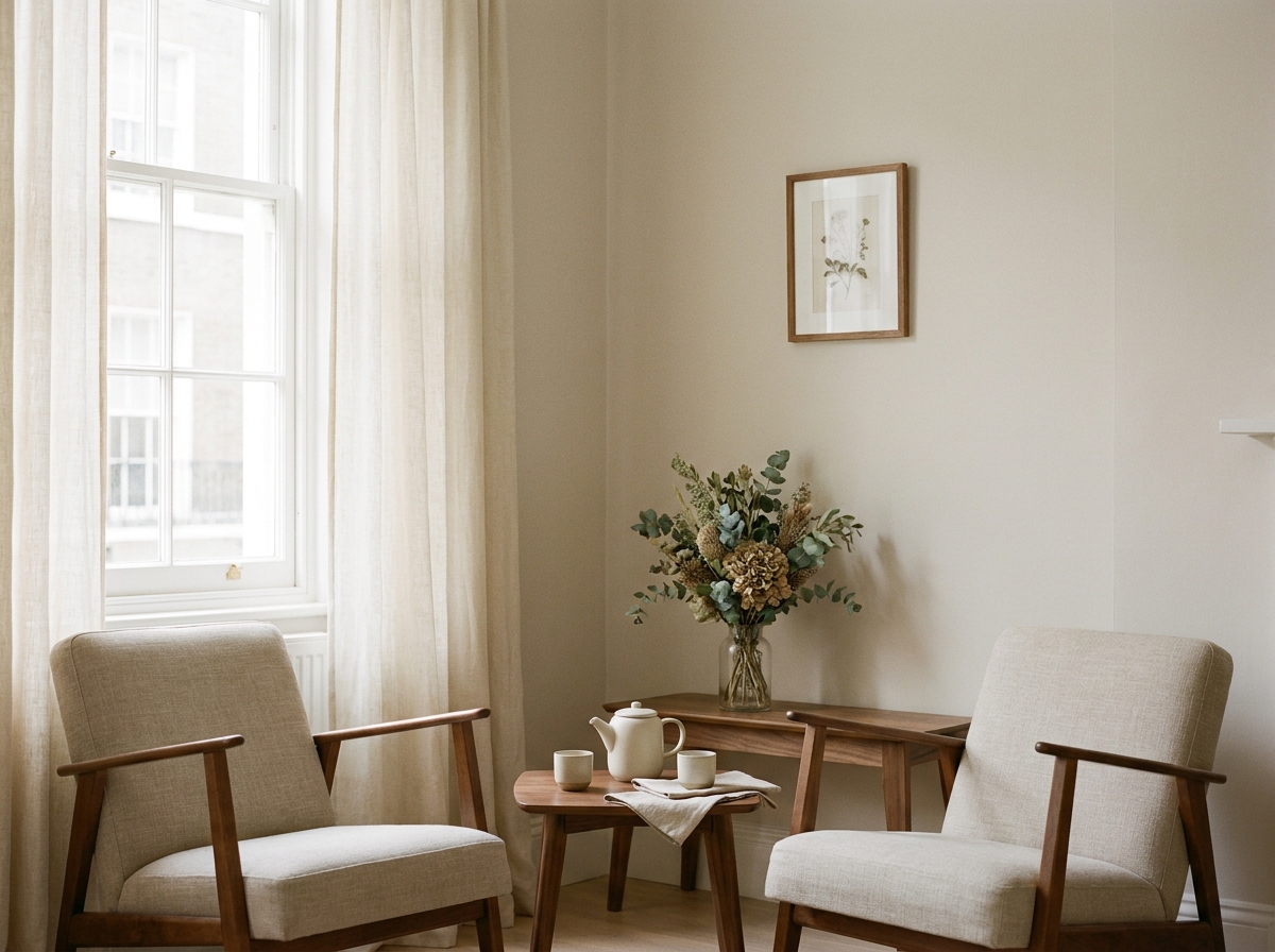 The consultation room — two oat-coloured armchairs, a walnut side table, sash window with sheer linen