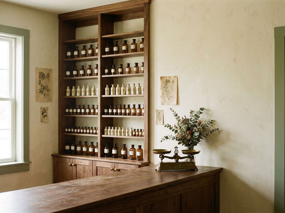 The dispensary — walnut shelving holding rows of small apothecary bottles, an antique brass scale