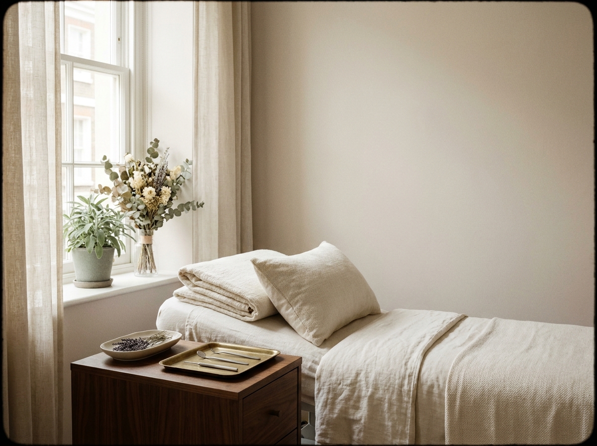 The treatment bay — a chaise dressed in folded ivory linen, walnut side table with a brass tray of three minimal instruments